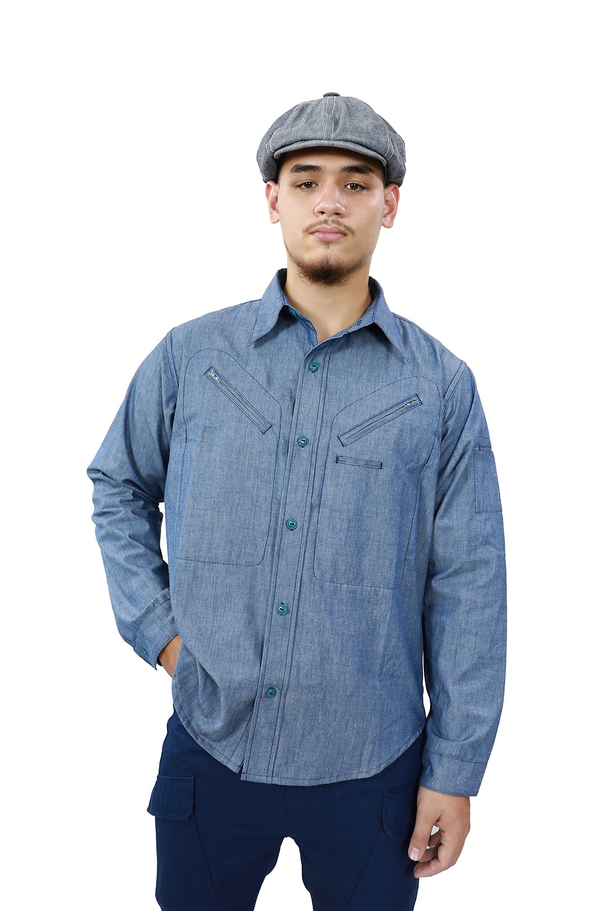 CHAMBRAY CHEST ZIP WORK SHIRT 