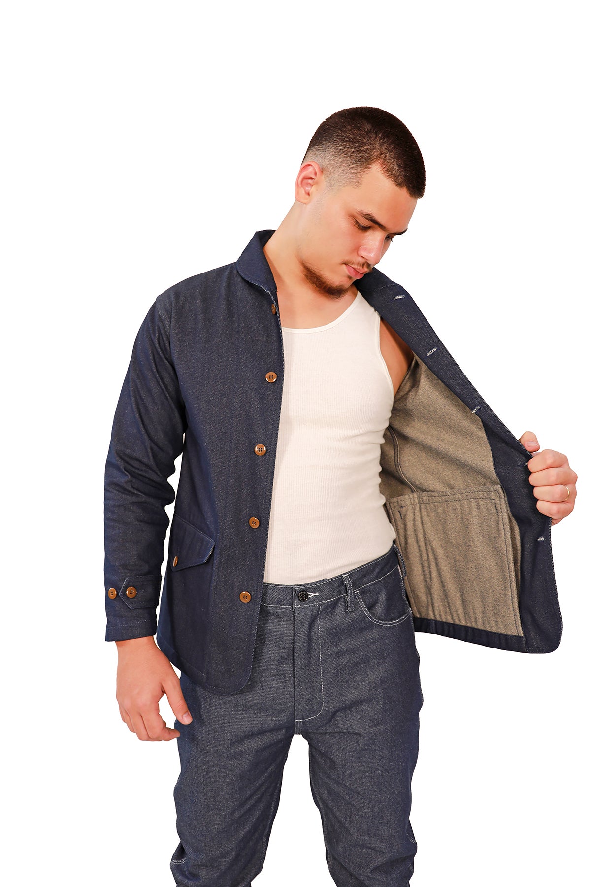 DENIM SHAWL COLLAR JACKET 